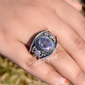 Faceted Amethyst Oval Gemstone Jewelry 925 Sterling Silver Designer Women Ring - Picture 1 of 6