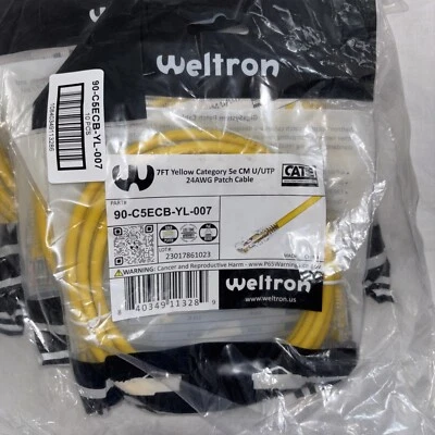 Cable de conexión Weltron 90-C5EB-YL-007 7' Cat 5E alto rendimiento amarillo PACK DE 10 Foto 1 de 3