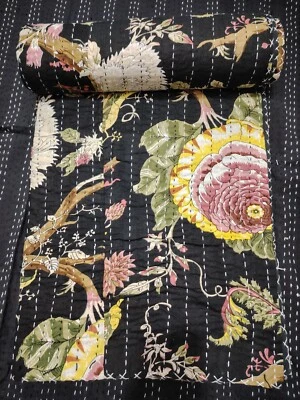 Black Floral Print King Size Cotton Kantha Quilt Throw Blanket Indian Bedspread - Image 1 of 4