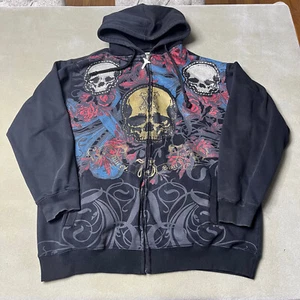 Avirex Hoodie Herren 2XB schwarz Totenköpfe verziert durchgehender Reißverschluss Baggy Grunge Y2K - Bild 1 von 12