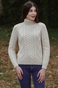 SAOL Aran Irish Turtleneck  Sweater Women's 100% Merino Wool Cable Knit Pullover - Picture 1 of 14