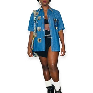 Vintage African Print Patched Embroidered Women Blue Jean Collar Shirt - Picture 1 of 8
