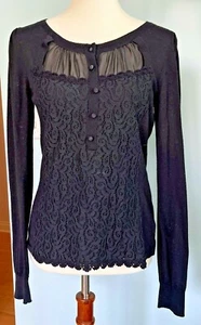 LEIFSDOTTIR Black Wool Blend Lace Front LS Sweater Size M - Picture 1 of 9