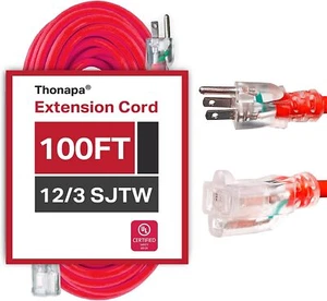 100 Ft Lighted Outdoor Extension Cord - 12/3 Heavy Duty Red Cable -3 Prong Plug - Picture 1 of 5