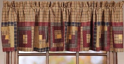 Lined Log Cabin Patchwork Window Valance Red Navy Tan Plaid Cotton Millsboro - Image 1 of 4