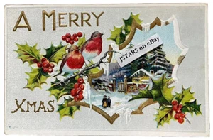 1911 A MERRY XMAS EMBOSSED CHRISTMAS CARD POSTCARD HOLLY CHALET CARDINALS BIRDS - Picture 1 of 3