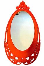 Retro Atomic Flaming Orange Lacquered Oval Scrolled Burwood Mirror 60s Heavy 36”