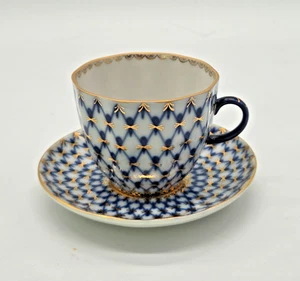 Imperial Lomonosov Russian Porcelain Coffee Cup and Saucer Cobalt Net Blue Gold - Picture 1 of 23