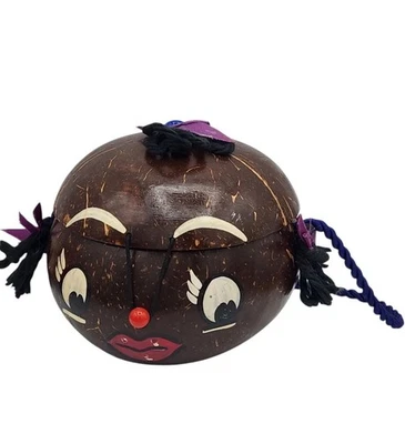 Vintage Coconut Purse Hand Made Handpainted Girl With Pigtails Lined Tropical  - Image 1 of 4