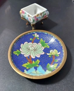 Vintage Cloisonné Blumenteller & Miniatur quadratische Schmuckschatulle mit Deckel - Bild 1 von 3