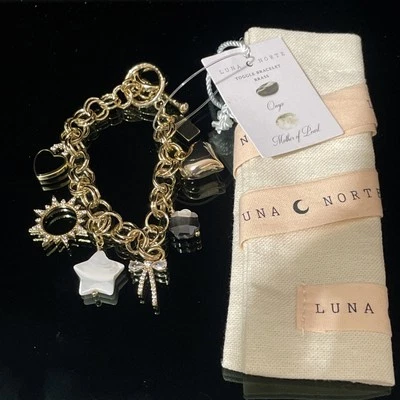 Luna Norte Gold Tone Genuine MOP CZ Onyx Charm Bracelet Toggle Clasp 7” NWT - Image 1 of 4