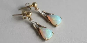 Pendientes colgantes/gotas de ópalo de fuego enchapados en oro amarillo de 14 quilates corte pera de 4,0 quilates creados en laboratorio - Imagen 1 de 9