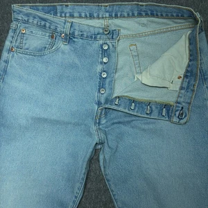 Levis 501 Jeans Mens 38x34 Blue Denim Button Fly Straight Leg Irregular - Picture 1 of 14