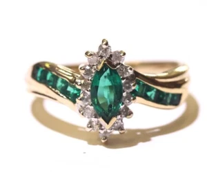 Anillo de piedras preciosas marquesa esmeralda natural diamante SI2 H oro amarillo 10k 2,5 g - Imagen 1 de 8