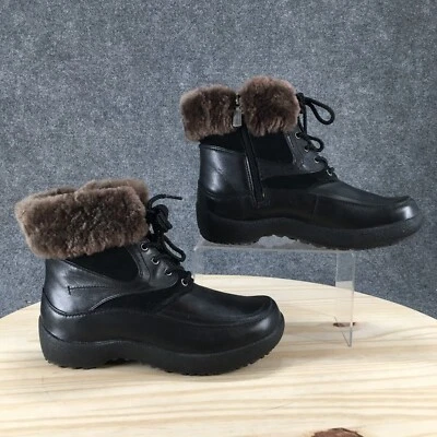 Botas de invierno impermeables rubias para mujer 8 W cuero negro sauce Sherpa con cordones Foto 1 de 4