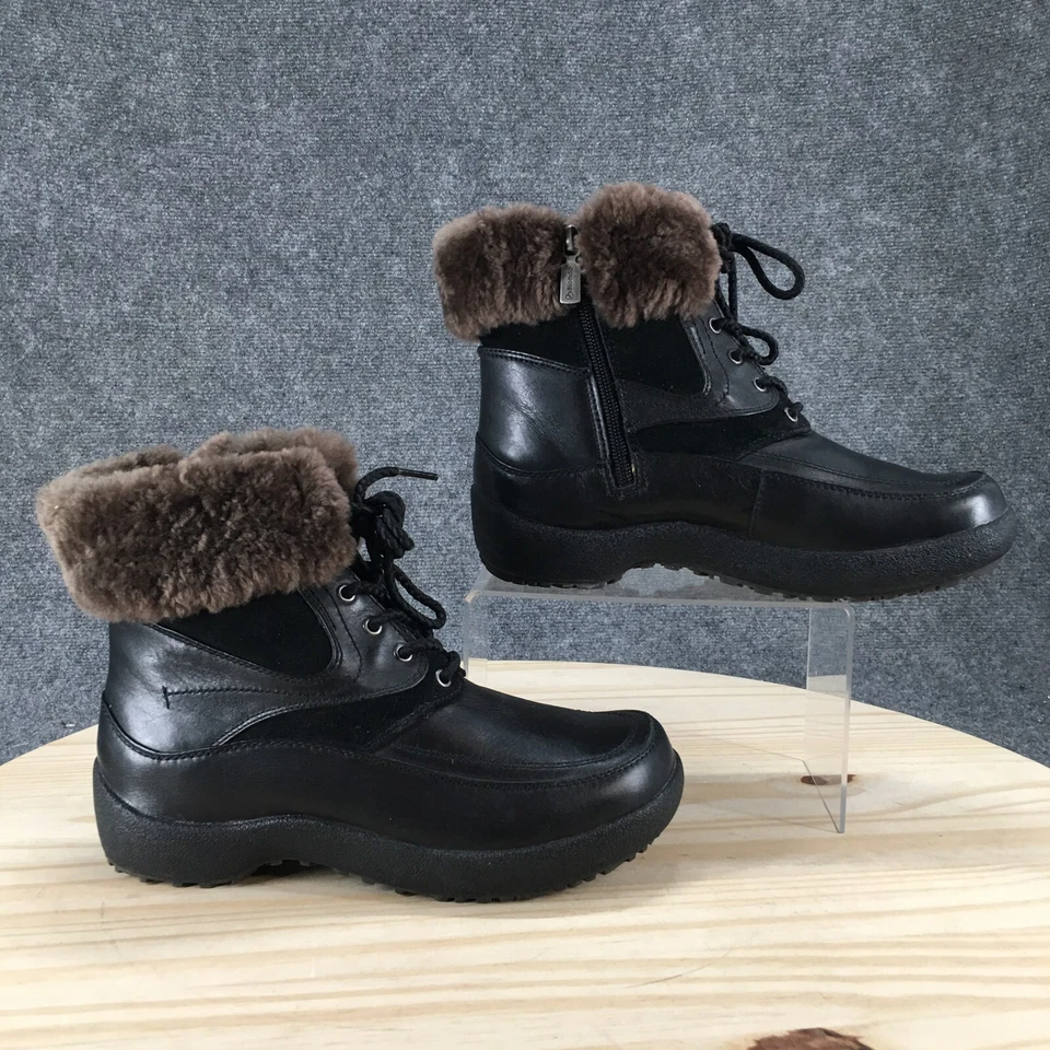 Botas de invierno impermeables rubias para mujer 8 W cuero negro sauce Sherpa con cordones Foto 1 de 4
