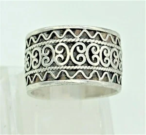 925 STERLING RING 1/2" wide band, scrollwork, vintage, patina size 7, 6.9 grams - Picture 1 of 5