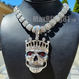 Silver Large Crown Skull Pendant 16" 18" 20" Iced Baguette stone Chain Necklace - Picture 1 of 20