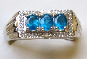 Neon Blue Apatite & White Zircon Ring / sz 14 / 925 Sterling Silver 1.35cts 9.6g - Picture 1 of 5