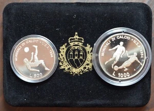 SAN MARINO -AG/ 500 E 1000 LIRE 1994 MONDIALI DI CALCIO USA 94 PROOF argento - Picture 1 of 3