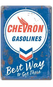 Chevron Gasolines Plymouth Belvedere Rustic Metal Tin Sign Vintage Retro - Picture 1 of 5