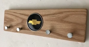 Chevy Emblem Wood Key Organizer Holder with Metal 4 Hooks Solid Wood Key Storage - Picture 1 of 6