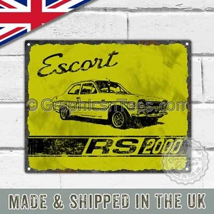 Vintage Blechschild Plakette mit dem Classic MK1 Escort RS2000 in gelb - Bild 1 von 2