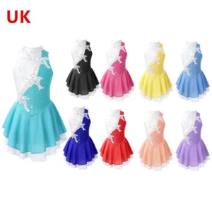 UK Girls Roller Figure Ice Skating Dress Sequins Floral Sleeveless Leotard Dress - Picture 1 of 81