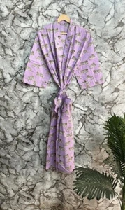 Cotton Robe Long Kimono Sleepwear Indian Red Purple Printed Night Suit Kimono US - Picture 1 of 3