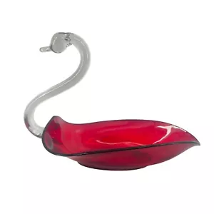 Vintage Duncan & Miller 11" Ruby Red Glass Swan Bowl Clear Neck Basket 4 lbs - Picture 1 of 10