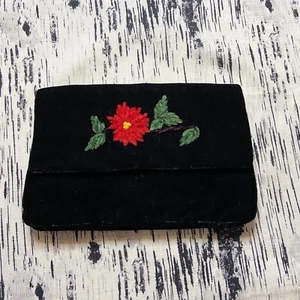Vintage Velvet Clutch Purse Embroidered Poinsettia Flower Holiday Hong Kong - Picture 1 of 12