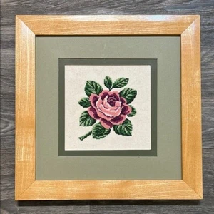 Vintage Hand-Stitched Pink Rose Cross-Stitch Wall Art Wood Frame 11" X 13" Decor - Picture 1 of 7
