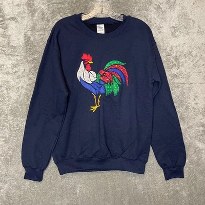 Women Embroidered Rooster Chicken Crew Neck Long Sleeve Sweatshirt S Navy Blue - Image 1 of 4