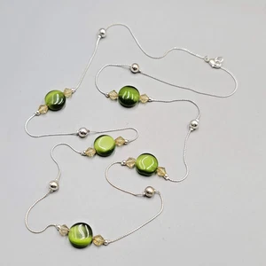 Green Cats Eye Glass Station Bead Necklace Silver tone Long 34" - Picture 1 of 5