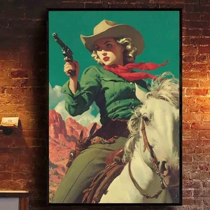 Cowgirl Western Poster Vintage Rodeo Wall Art Horseback Rustic Cowboy Poster - Picture 1 of 5