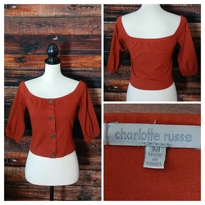 Charlotte Russe Crop Top Size M Brick Red Off Shoulder Peasant Ponte 3/4 Sleeve - Picture 1 of 8