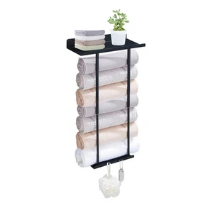 Retractable Wall Mounted Towel Holder with Metal Shelf and 3 Hooks - Sticky a... - Picture 1 of 7