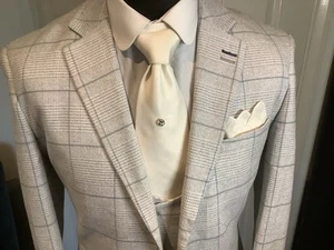 Mens Three Piece Suit Light Grey Check Tweed by Cavani 38R Slim Wedding - Picture 1 of 24