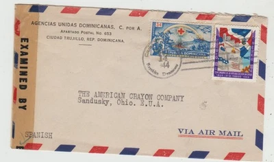 Dominican republic 1944 Censored Cover to USA with  Red Cross issue in postage - Image 1 of 2