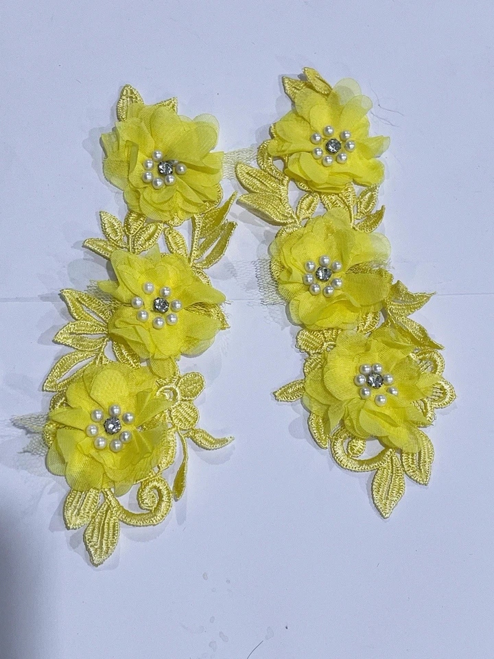 "Aplique de encaje con cordón floral flor de gasa 3D amarillo -8"" x 2,75"" uno cada uno" Foto 1 de 1