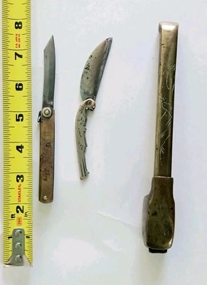 Fishing Knife Japanese Silver Folding Kanji Inkwell Tanto Brass Antique Set - Image 1 of 4