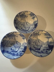 3 Blue And White Pottery barn Fingerbowls. Viking Boat Made In China 2x4 3/4 - Picture 1 of 4