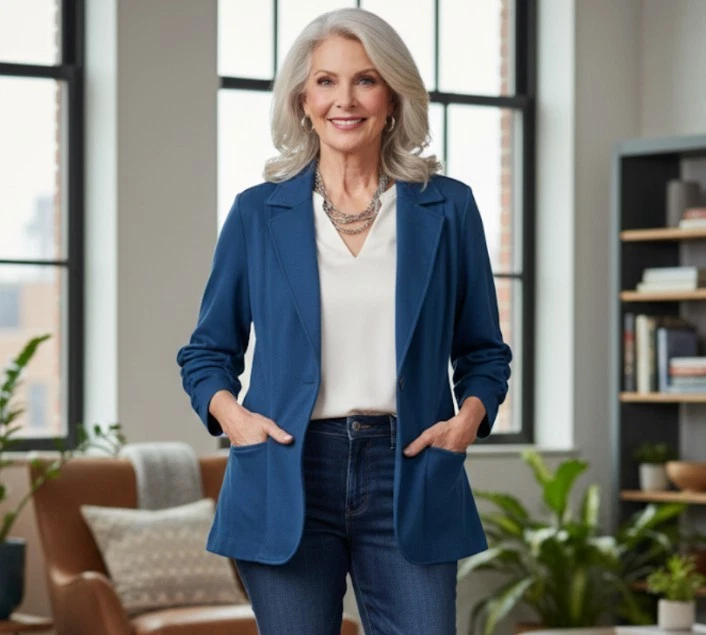 Blazer Susan Graver para mujer 1X azul manga acanalada tejido elástico frente abierto chaqueta Foto 1 de 4