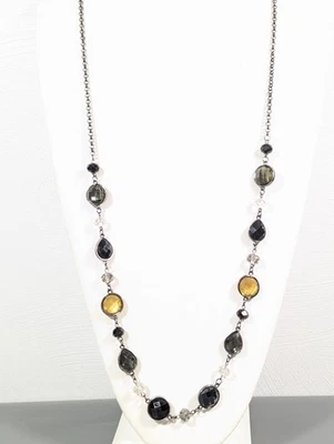 Golden Black Bezel Faceted Cabochon Long Necklace Boho Goth 38 in - Image 1 of 4