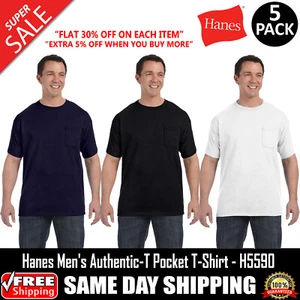 5 PACK OF Hanes Men 6.1 oz Preshrunk Cotton Short Sleeves Pocket T-Shirt - H5590 - Picture 1 of 5