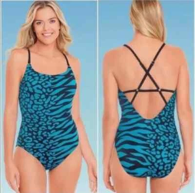 Beach Betty Size Med Slimming Control One Piece Swimsuit Teal Blue Animal Print - Image 1 of 4