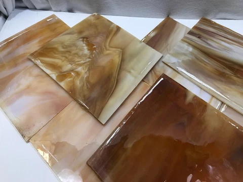 Stained glass panels, window replacement panes, set of 4, amber creme Uroboros Cover