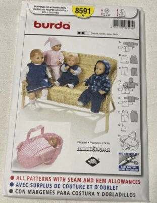 Burda Pattern 8591 Baby Doll Clothes Jacket, Top, Pants Doll Carrier  M, L Uncut - Image 1 of 2