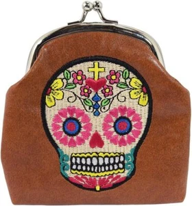 Lujosa Monedero Mexicana Día de Muertos Calavera de Azúcar Bordada Kisslock - Imagen 1 de 3