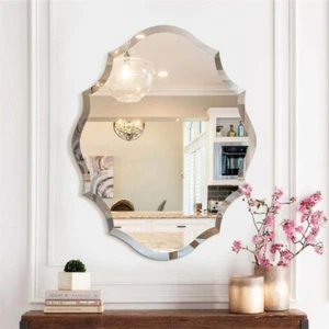 Scalloped Edged Oval Wall Mirror Frameless Wide Beveled Statement Accent Decor - Picture 1 of 14